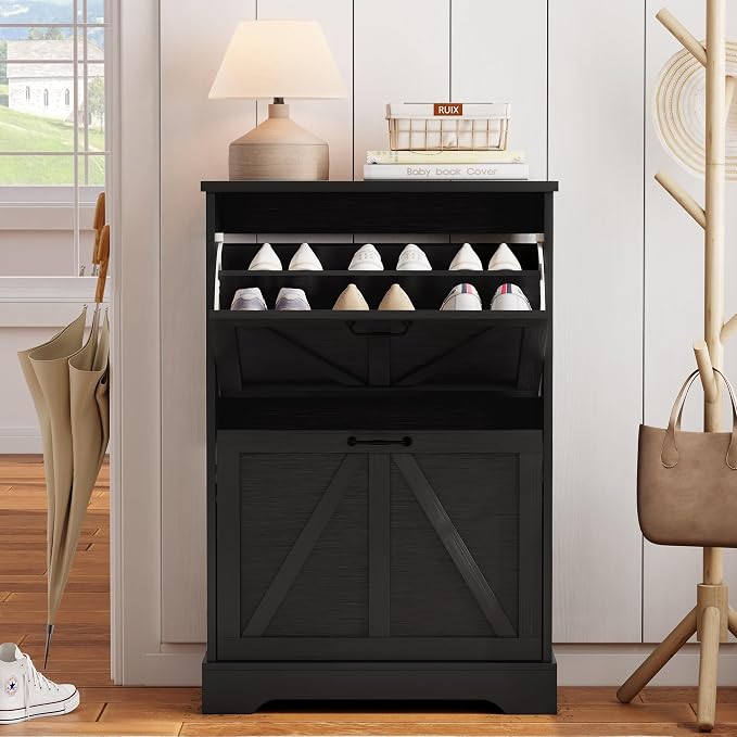 Semiocthome Farmhouse Shoe Storage Cabinet with 2 Flip Drawers, 23.6"(W) Freestanding Shoe Organizer with Barn Door and Metal Handles for Entryway, Corner Rustic Narrow Shoe Rack Cabinet - Black - Image 3