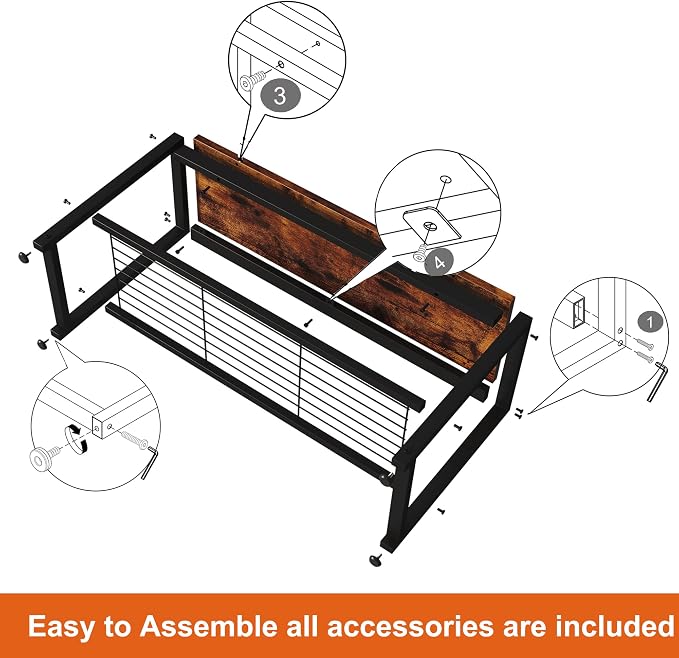 HOMEFORT Shoe Bench, Modern Industrial Shoe Storage Bench, Entryway Bench with Mesh Shelf and Sturdy Metal Frame, Metal Shoe Rack Bench for Hallway, Mudroom, Living Room, Rustic Brown - Image 9
