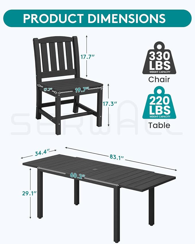 SERWALL Outdoor Expandable Dining Table 60" - 83", Patio Dining Table for 4-10 People, All Weather HDPE and Aluminum Outdoor Furniture, Black - Image 8