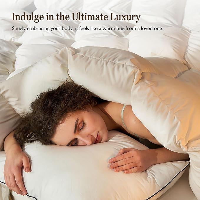 BPC Feather Down Comforter King Size, Hotel-Luxury Fluffy Duvet Insert with Organic Cotton Cover and Puffy Feather Down Filling for All-Season, Ivory White, 106x90 Inches