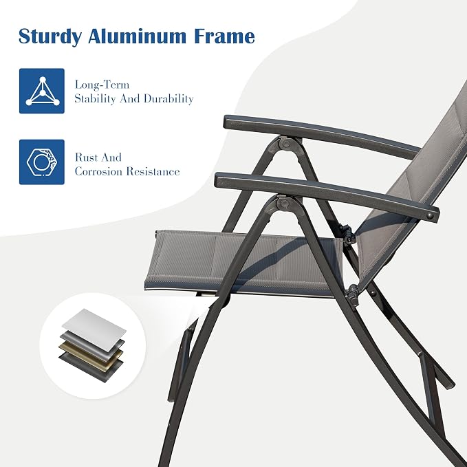 Domi Patio Folding Chairs Set of 2, Outdoor Reclining Chairs Set with Moveable Headrest, Aluminum Frame Outdoor Portable Chairs with Adjustable High Backrest and Padded Textilene Fabric Seat - Image 7