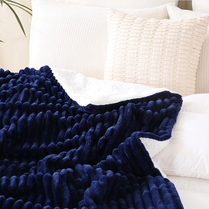 Navy Blue Sherpa Fleece Throw Blanket 50”×60” for Couch Sofa Bed,Double Side Soft Fuzzy Cozy Plush Thick Flannel Blanket with Striped Design Gift for Adults,Woman,Girls