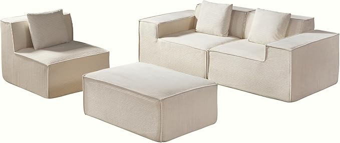 Rowan Convertible Corduroy Sectional Couch with Ottoman & Pillows, Modular L Shaped Sleeper Sofa, Boneless Cloud Couch for Living Room Furniture, Beige