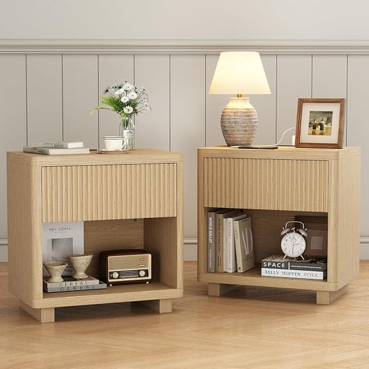 24" Wide Nightstand with Charging Station, Modern Fluted Night Stands for Bedrooms Set of 2 with 1 Large Drawers and Open Storage Space, Bedside Table for Bedroom, Natural by Seeday