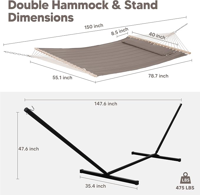SUNCREAT 55 Inch Extra Large Double Hammock with 12 ft Stand, 475lbs Capacity, Outdoor Portable Hammock with Hardwood Spreader Bar, Extra Large Pillow, Brown - Image 6