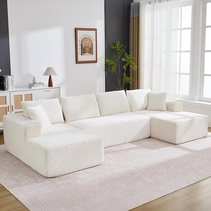 Boneless Couch U Shaped Sectional 130'' Modern Modular Cloud Couch with 2 Chaise Lounge, 4-Seat Corduroy Deep Seat Sofa with Pillows for Living Room