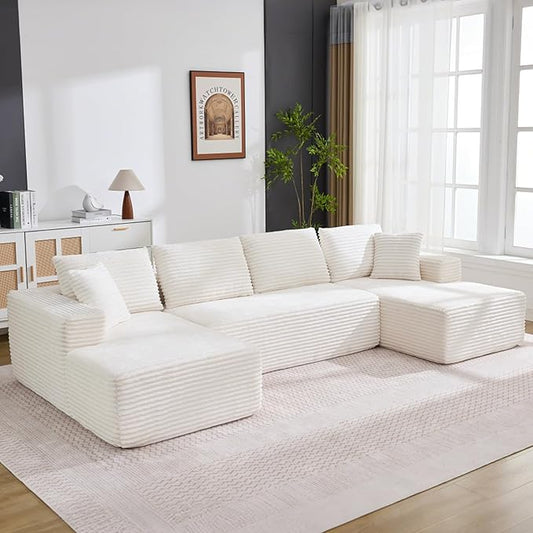Boneless Couch U Shaped Sectional 130'' Modern Modular Cloud Couch with 2 Chaise Lounge, 4-Seat Corduroy Deep Seat Sofa with Pillows for Living Room
