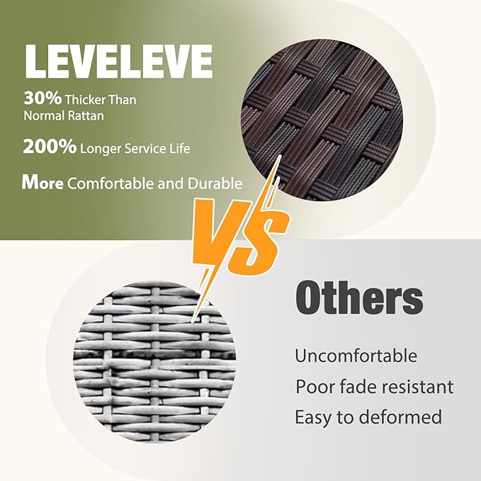 LEVELEVE Patio Conversation Set 5 Piece, Balcony Furniture Outdoor PE Rattan Wicker Lounge Chairs with Soft Cushions, 2 Ottomans & Glass Table for Porch Lawn, Brown (Army Green Cushions