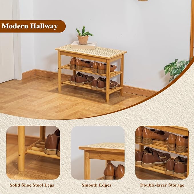 Bamboo Entryway Bench with Woven Rattan Seat, 2-Tier Shoe Storage Bench for Hallway & Entryway 23.62 inches Nature - Image 3