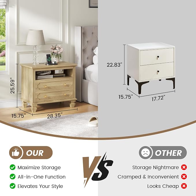 FREDEES 28'' Large Nightstands Set of 2, Smart Bedside Tables with Outlet & Charger Station, LED Night Stand with 3-Color Light & Solid Wood Legs for Bedroom, Natural Wood - Image 6