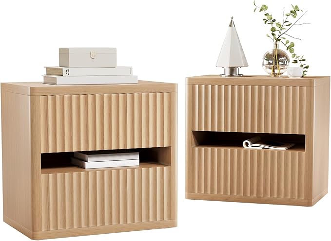Dripex Fluted Nightstand Set of 2, 22'' Wide Night Stand with 2 Large Drawers, Mid Century Modern Wood Bedside Table with Open Shelf, Large Bed Side End Table for Bedroom, Natural Oak by Dripex