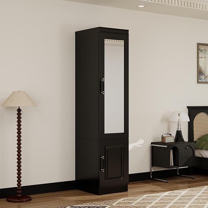 Modern Black 1 Door Armoire Wardrobe Closet with Mirror, Hanging Rod & Storage for Bedroom