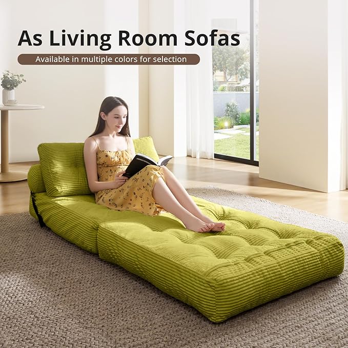 Folding Sofa Bed, Convertible Sleeper Chair with Pillow, Foldable Mattress with Back Support, Portable Floor Sofa Lounge for Living Room Bedroom Dorm(Green, Single)