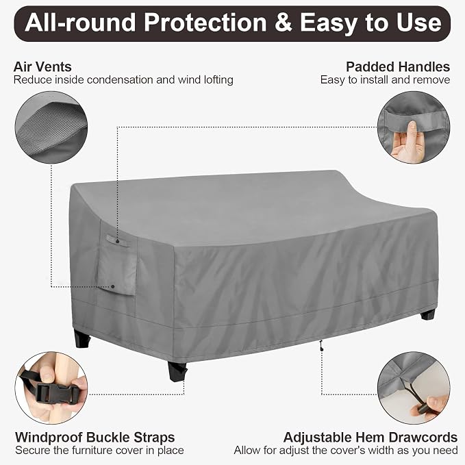PureFit Outdoor Couch Cover Waterproof Patio Sofa Furniture Covers, 3-Seater Outdoor Cover with Air Vent and Handles, 78W x 35D x 35H Inches, Gray - Image 5