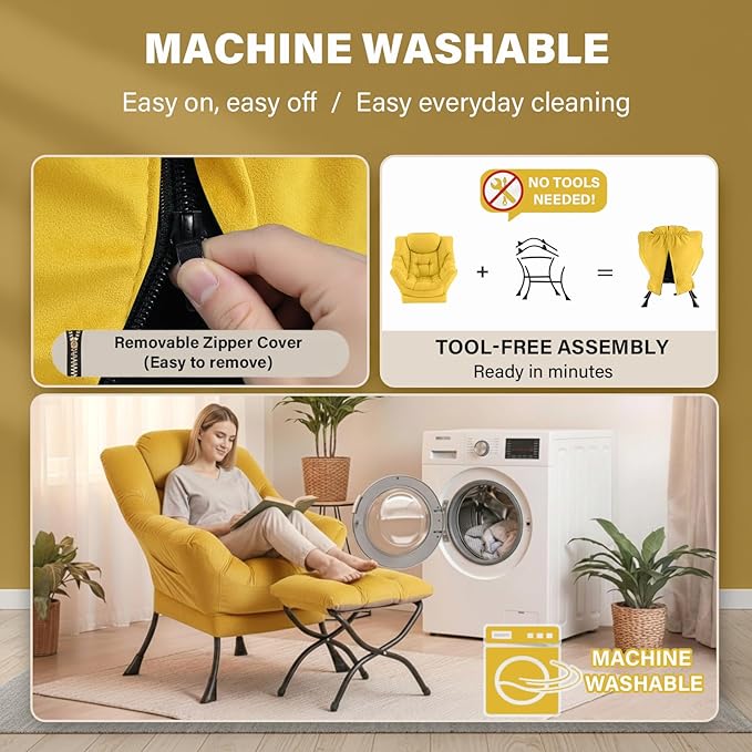 Lazy Chair with Ottoman, Large Accent Yellow Velvet Chair with Side Pocket, Modern Leisure Upholstered Sofa Reading Armchair with Footrest for Office, Bedroom, Living Room, Dorm Rooms, Balcony