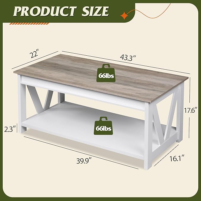 WLIVE Farmhouse Coffee Table, 43" Coffee Table for Living Room, Modern Center Table with Storage Shelf, V Shaped Support, Grey&White
