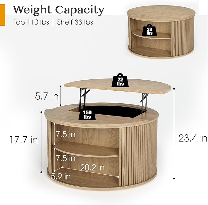 31.5" Round Lift Top Coffee Table with Hidden Storage, Oak Drum Coffee Table for Living Room, Wood Fluted Design Center Table for Small Apartment & WFH