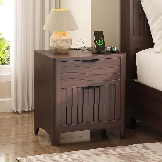 Fluted Nightstand with Charging Station, 21" Wide Modern Bedside Table with 2 Storage Drawers, Curved Corner & Metal Handle, Mid Century Night Stand End Side Table for Bedroom, Walnut by Unknown