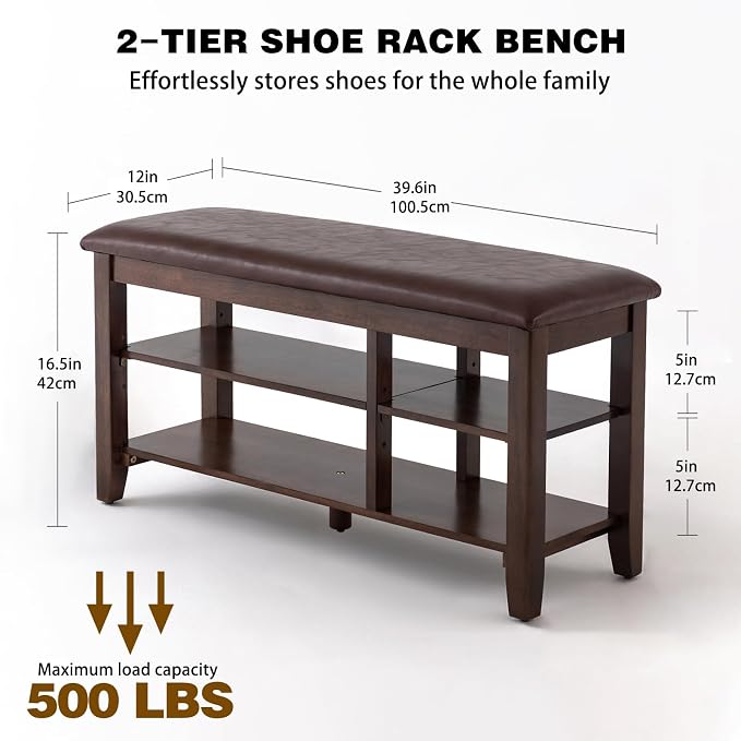 PY HOME & SPORTS Shoe Rack for Entryway 39.4": 2-Tier Shoe Storage Bench, Adjustable/Removable Shelves, Rubberwood Shoe Benches for Hallway, Porch, Bathroom, Brown - Image 2