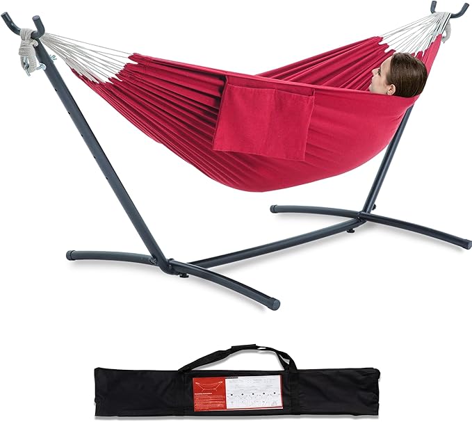 PNAEUT Double Hammocks with Stand for Outside, Portable Space Saving Heavy-Duty Steel Stand for Indoor Outdoor Patio with Carrying Bag, 450 lbs Capacity (Cherry) by PNAEUT