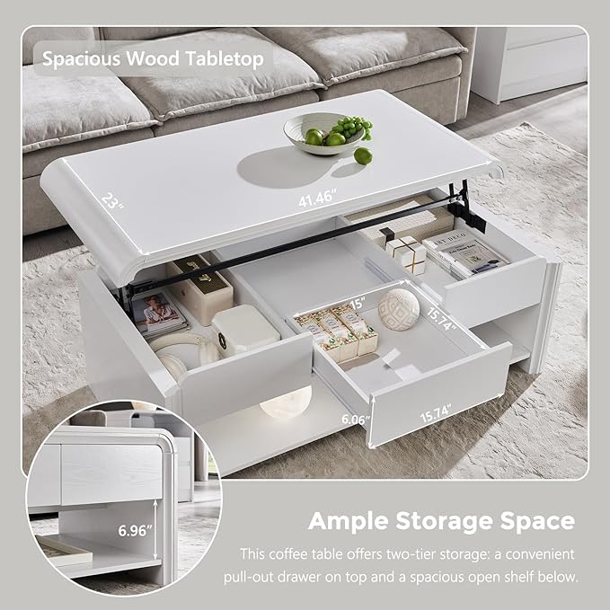 47" Lift Top Coffee Table with Storage, Modern Coffee Table with Pull-Out Drawer and Two-Tier Storage, Rectangle Wood Center Table w/Curved Profile Design for Living Room, White