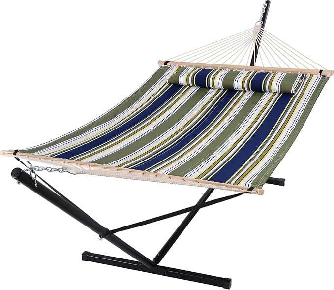 SUNCREAT Double Hammock, Extra Large Quilted Fabric Swing with Hardwood Spreader Bars & Detachable Pillow, Heavy Duty, Perfect for Indoor/Outdoor Patio, Deck, Yard, Blue&Aqua by SUNCREAT