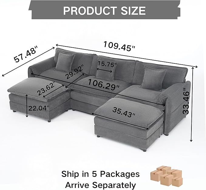 109-Inch U-Shaped Sectional Cloud Sofa Oversized Modular 5 Seaters Sofa Couch with 2 Ottoman Chaise and Pillow Armrest, Chenille Upholstered Convertible Cloud Couch
