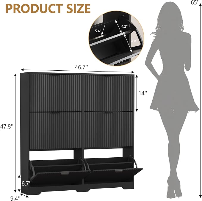 HUANLEGO Shoe Cabinet Storage for Entryway with 6 Flip Drawers, Black Fluted Shoe Cabinet with Adjustable Shelves, Wooden Hidden Shoe Rack Freestanding Narrow Slim Shoes Storage for Hallway, Entrance - Image 2