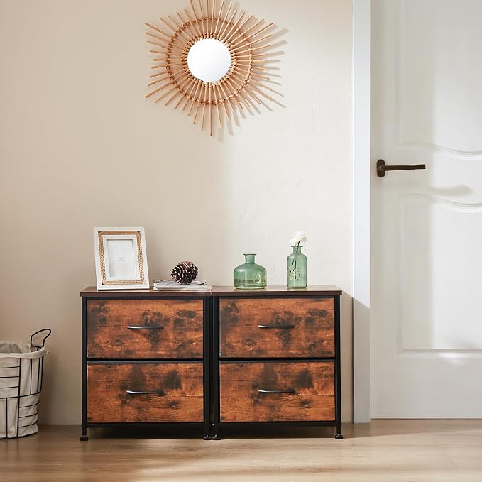 Night Stand Set of 2, Wide NightStands with 2 Drawers, Mid Century Small Nightstand with Adjustable Feets, Portable Bedside Table Set for Living Room, Entryway, Bed Room, Brown (2PCS) - Image 2
