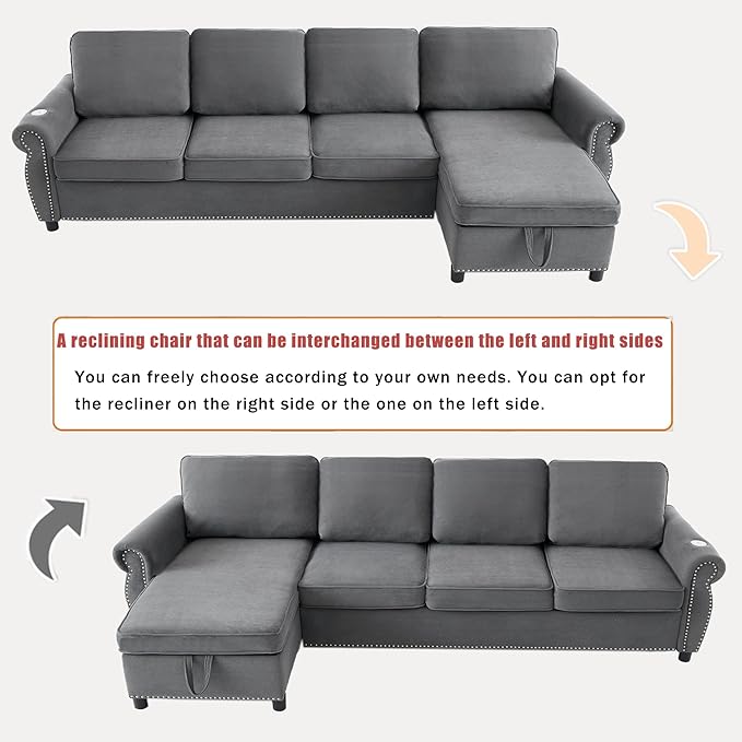 ERYE L-Shaped Reversible Sectional Sofa with Pull Out Queen Memory Mattress Sleeper Bed, 2-in-1 L-Shaped Corner Sectional Couches W/Wireless Charging, Storage Chaise Lounge