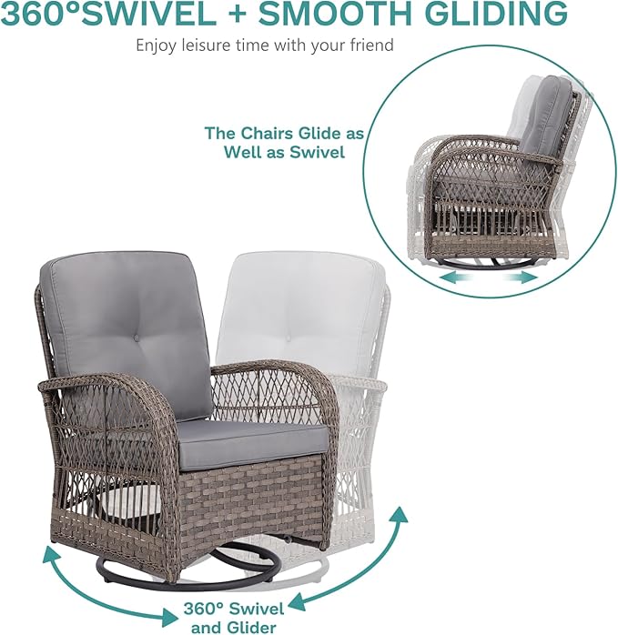 MEETWARM 7 Pieces Outdoor Patio Rattan Furniture Sets, All Weather Patio Wicker Conversation Set- 2 Rocking Chairs, 2 Swivel Chairs, 1 Loveseat Glider w/Cushions, 2 Glass-Top Coffee Table, Gray