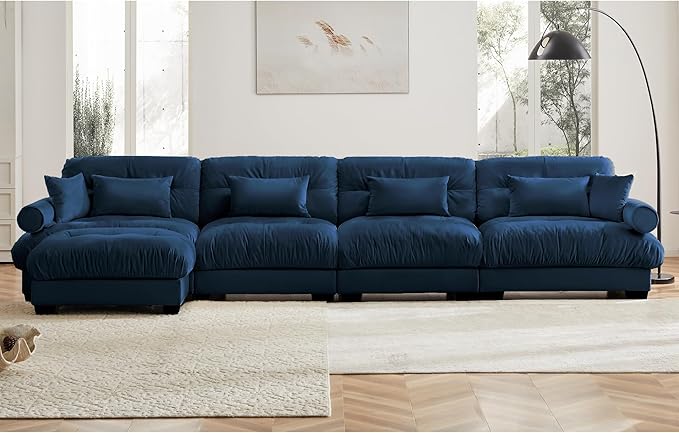 KEIKI 166" L-Shaped Oversized Velvet Modular Sectional Sofa with 1 Ottoman, High-Density Foam Cushions and Bolstered Armrests, Upholstered 4-Seater Cloud Couch with 6 Pillow, for Living Room, Blue