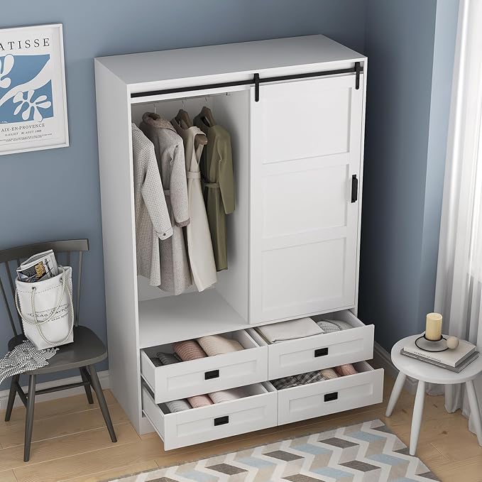 Armoire Wardrobe Closet with Sliding barn Door，Wardrobe Cabinet with 4 Storage Drawers and Hanging Rail,Freestanding Wooden Closet for Bedroom (White)