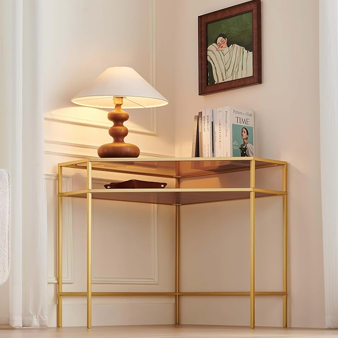 Corner Table for Small Space, Triangle Computer Desk for Living Room, Bedroom, Workstation, Office, 2-Tier Structure, Amber Glass Top and Walnut Shelf with Gold Finish Frame
