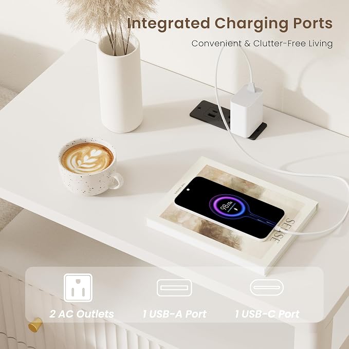 Nightstand Set of 2 with Charging Station, 27.3" Wide Fluted Bedside Table with 2 Drawers & Shelf, Large End Table with Storage, Rounded Corners, Alabaster White - Image 3