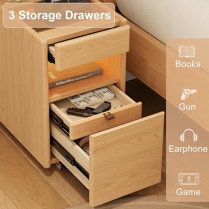 3 Drawers Nightstands with Charging Station,Modern Nightstand with Hidden Drawer,Jewelry Drawer,Mobile Bedside Table for Bedroom,Natural Finish - Image 6