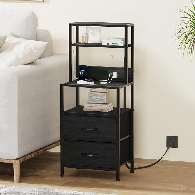 Furnulem Night Stand, Tall Nightstand with 4-Tier Shelves, 2 Fabric Drawers and Led Lights, Bed Side Tables with Charging Station, Bedside Table for Bedroom, Office, Black Oak | 4-Tier Shelves, 2 Fabric Drawers, Light Tube, Bed Side Tables, Charging St... - Image 4