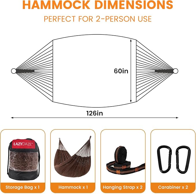 Lazy Daze Hammocks Handwoven Mayan Hammock, 10.5 FT Soft Rope Double Hammocks, Portable Outdoor Hammock with Carry Bag, 2 Straps & Carabiners for Patio Outside, 550 lbs Weight Capacity, Coffee - Image 3