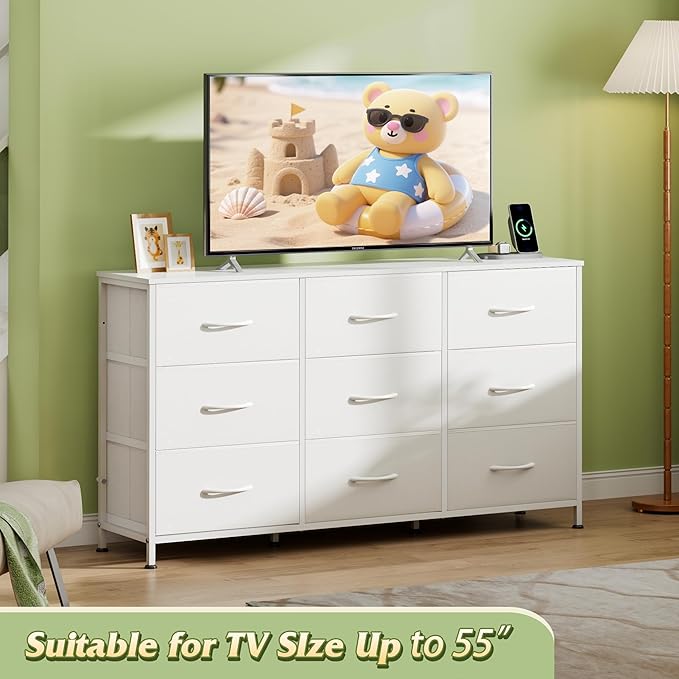 WLIVE 47''W Dresser for Bedroom, White Dresser TV Stand for 45, 50, 55 inch TV, Wide Chest of Drawers with 9 Drawer, Large Entertainment Center, Fabric Dressers with Wood Top for Closet, Living Room - Image 4