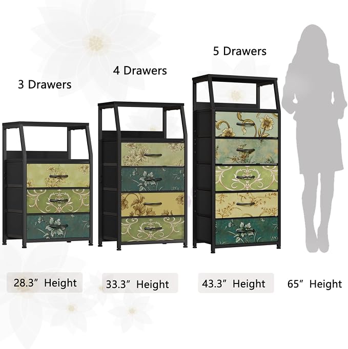 Furnulem Retro 5 Drawers Dresser, Tall Dressers for Bedroom, Closet, Hallway, Nursery, Fabric Storage Tower Organizer, Vertical Nightstand Side Table Furniture, Steel Frame, Wood Top - Image 7