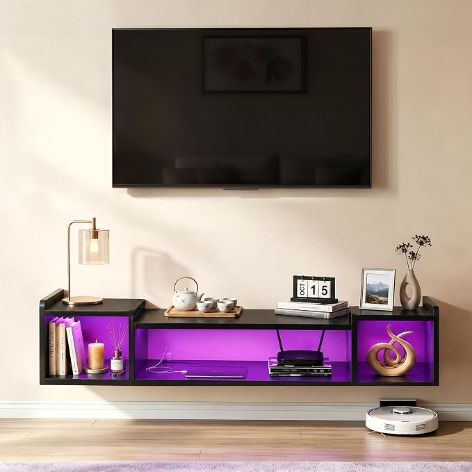 55.1"W Floating TV Stand with LED Lights & Power Outlets for 50 55 60 65 Inch TV Wall Mounted Entertainment Center with Storage for Living Room Wood Media Console Shelf Black TV Shelf Wood for Bedroom by Romorgniz