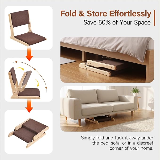 Tiita Floor Chair with Back Support, Foldable Meditation Tatami Chairs, Backrest Chair with Cushion, Living Room Chair Seat 4 Pack, Wood Brown
