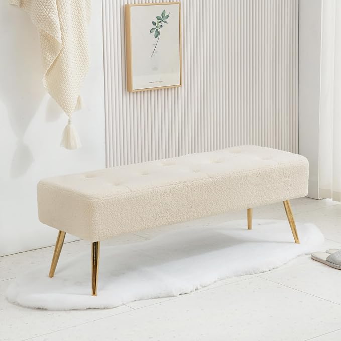 Furnimart Faux Fur Boho Bench Ottoman Upholstered Tufted Bench with Padded Seat, Footrest Foot Stool with Sturdy Metal Leg, for Bedroom Living Room Entryway - Image 9
