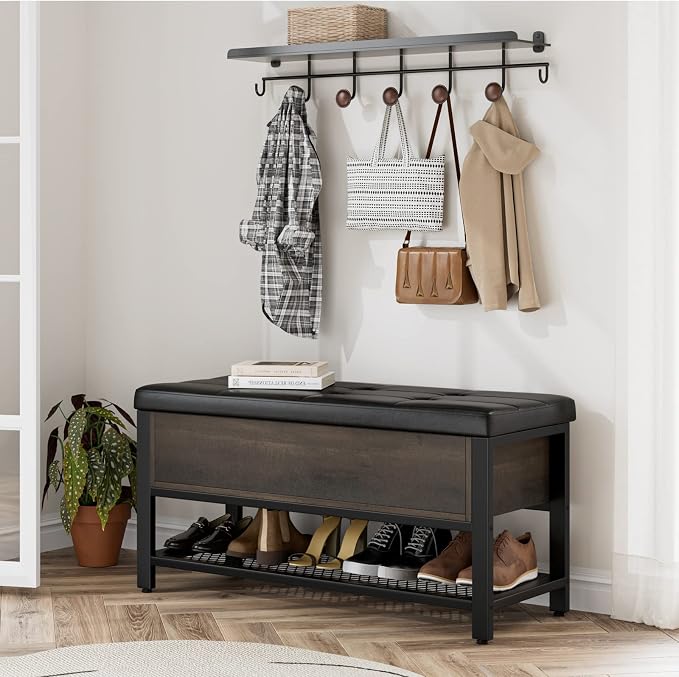 HOSTACK Storage Bench, Entryway Shoe Bench with Flip-Open Storage Box, End of Bed Ottoman Bench with Storage Shelf and Padded Seat for Bedroom, Hallway, Dark Brown - Image 2
