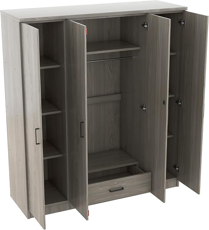 Merax 4 Doors Closet Wardrobe with Hanging Rail, Wood Closet Organizers and Storage with One Drawer and Two 4-Tier Storage Shelves, Top Cabinet for Bedroom, Laundry Room, Gray