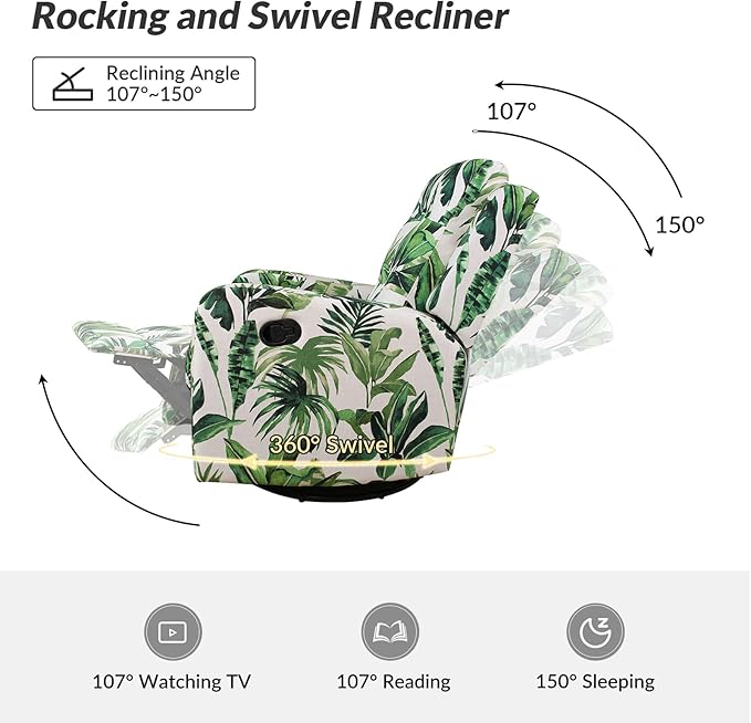 HULALA Home Recliner Chair Set of 2, Modern Printed Fabric for Living Room, Rocker Recliner Sofa Comfy Armchair 360 Degree Swivel, Nursery Rocking Chairs with Adjustable Backrest & Footrest/Green