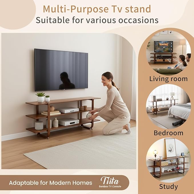 Tiita Wooden TV Stand for 65 Inch TV, Modern Media Console Table with 3-Tier Storage Shelves, Long Entertainment Center for Living Room, Walnut TV Stand with Open Display Rack - Image 6