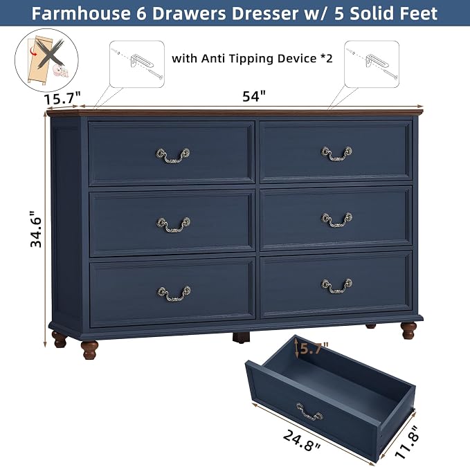 Joaxswe Farmhouse 6 Drawers Dresser for Bedroom, Vintage 54" Wide Chest of Drawers w/ 4 Wooden Legs, Rustic Large Closet Storage Dressers Organizer for Hallway, Wood TV Stand for Living Room, Blue - Image 2
