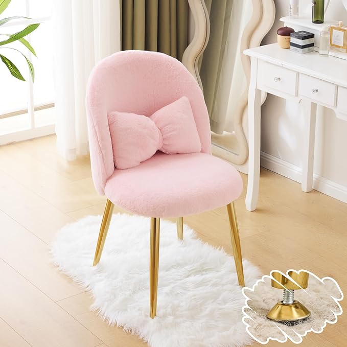 VINGLI Fluffy Girls Vanity Chair with Back & Pillow,Cute Small Cozy Desk Chair No Wheels,Comfy Makeup Ch with Ajustable Gold Legs,for Bedroom,Living Room,Small Space,Pink