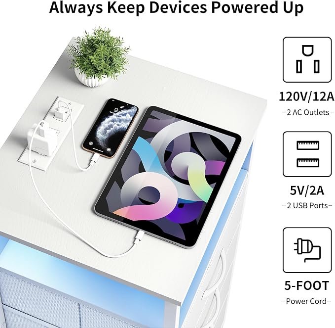 Fixwal Tall Nightstand with Charging Station, Night Stand with U-S-B Ports and Outlets, 4 Fabric Storage Drawers with PU Finish, Small Dresser Bed Side Table, White - Image 4